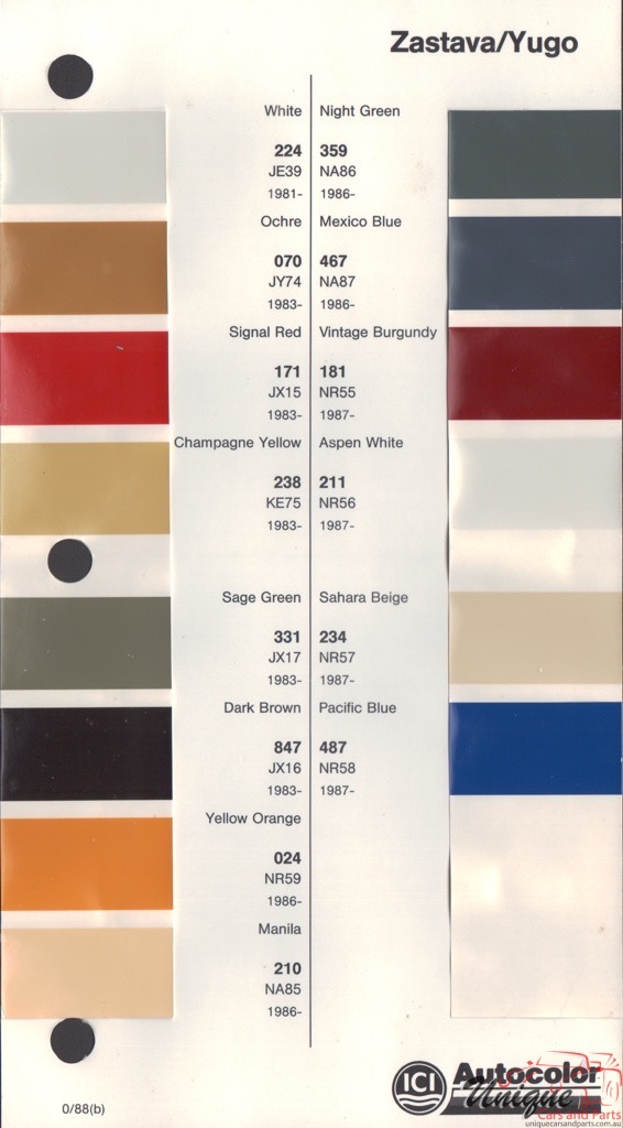 1981 - 1994 Yugo Paint Charts Autocolor